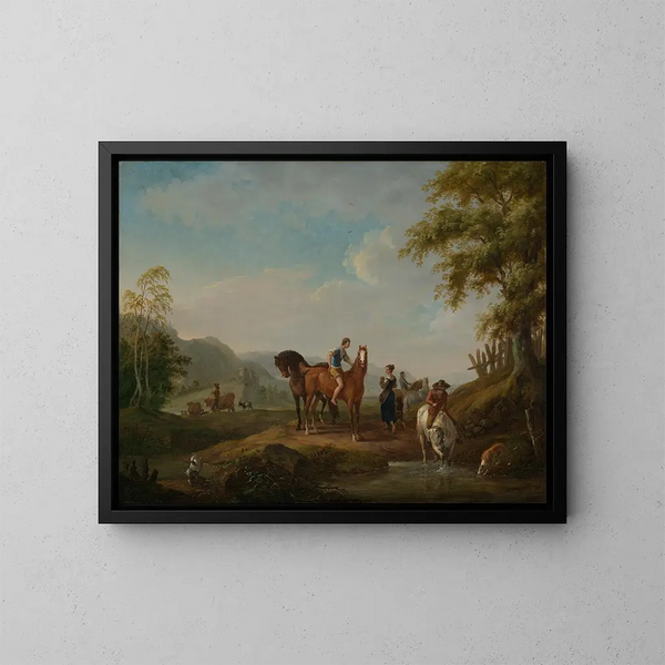 Pferde am Wassertränke - Johann Georg Pforr — gerahmtes Bild an der Wand