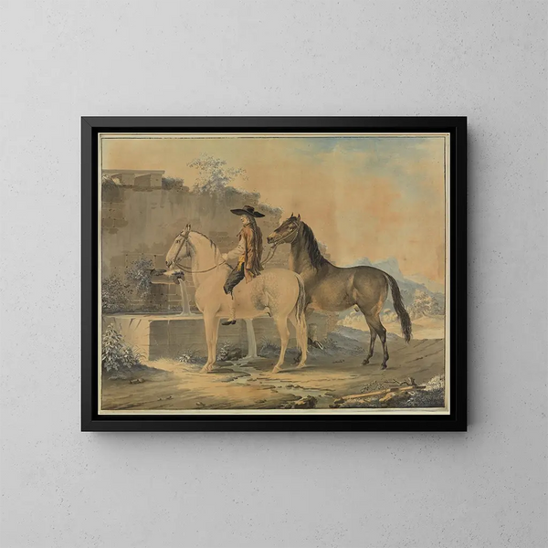 Cavalier mit zwei Pferden am Brunnen - Johann Georg Pforr — gerahmtes Bild an der Wand
