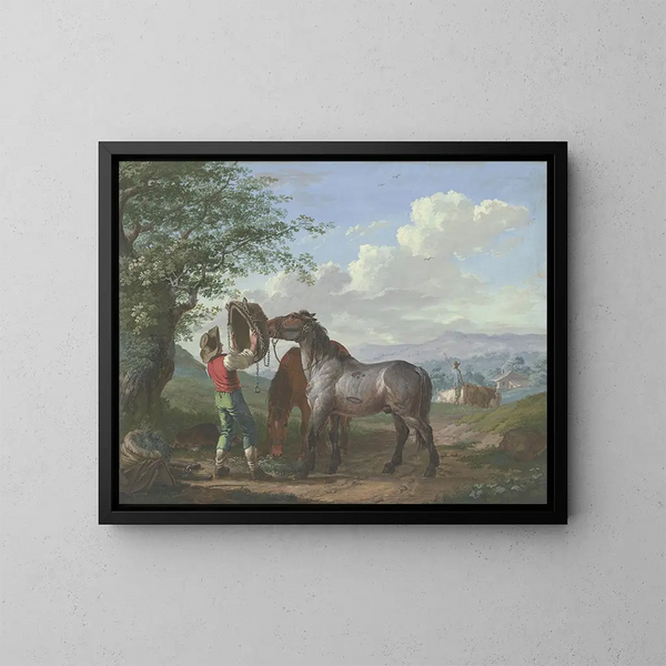 Zwei Pferde in einem Feld unter einem Baum - Johann Georg Pforr — gerahmtes Bild an der Wand