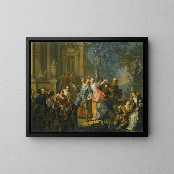 Una compagnia elegante che si diverte davanti a un palazzo - Johann Georg Platzer — quadro incorniciato alla parete