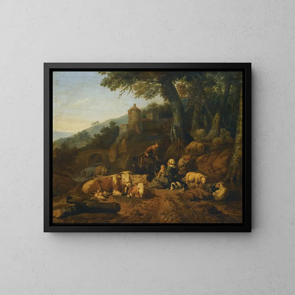 Ein Landschaft mit Fahrern und ihrer Herde in Ruhe - Johann Heinrich Roos — gerahmtes Bild an der Wand