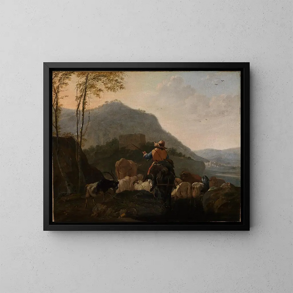 Bergers partant avec leur troupeau dans un paysage montagneux du sud - Johann Heinrich Roos — gerahmtes Bild an der Wand