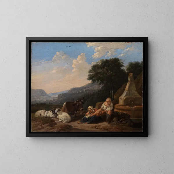 Berglandschaft mit Hirten bei einem Brunnen - Johann Heinrich Roos — gerahmtes Bild an der Wand