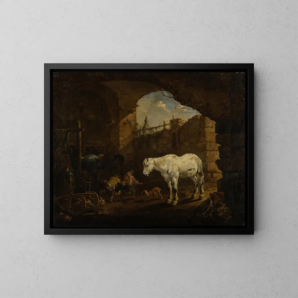 Kinder spielen in einem Stall - Johann Heinrich Roos — gerahmtes Bild an der Wand
