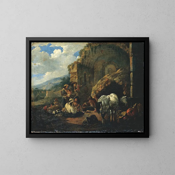 Lager der Zigeuner in einer römischen Ruine - Johann Heinrich Roos — gerahmtes Bild an der Wand