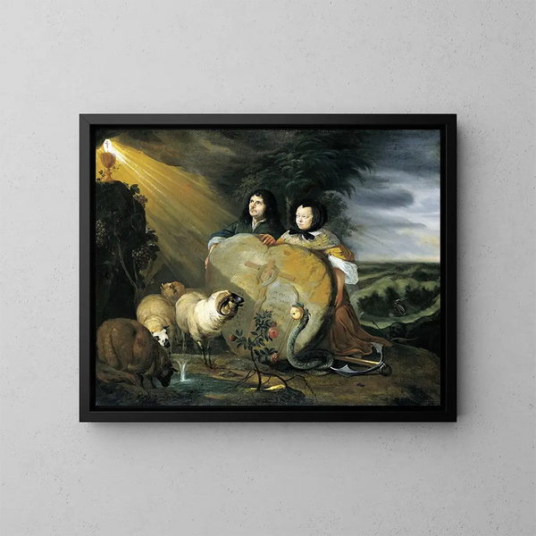 Selbstporträt mit seiner Frau und christlichen Glaubenssymbolen - Johann Heinrich Roos — gerahmtes Bild an der Wand