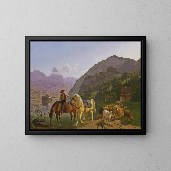 Cavalier avec deux chevaux et un troupeau - Johann Jakob Biedermann — gerahmtes Bild an der Wand