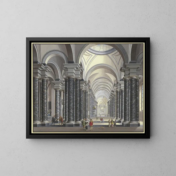 Ansicht des Inneren einer barocken Kirche mit schwarzen Marmorsäulen und Szenenfiguren in Kostümen des 17. Jahrhunderts 1790 - Johann Ludwig Ernst Morgenstern — gerahmtes Bild an der Wand