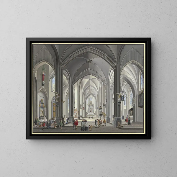 Ansicht des Inneren einer Hallenkirche im gotischen Stil mit zahlreichen Szenenfiguren in Kostümen des 17. Jahrhunderts, links ein Priester zelebriert die Messe 1790 - Johann Ludwig Ernst Morgenstern — gerahmtes Bild an der Wand