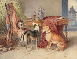 Johann Matthias Ranftl - An interior with greyhounds and a stilllife with pieces of armour.webp