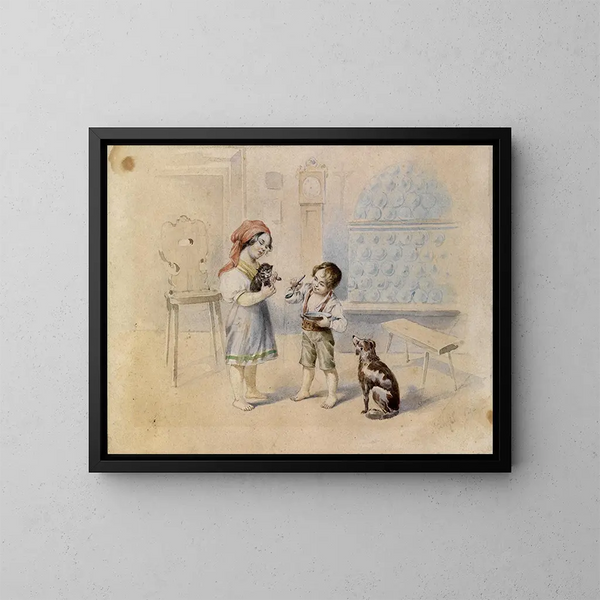 Sala del contadino con stufa in maiolica e bambini - Johann Matthias Ranftl — quadro incorniciato alla parete