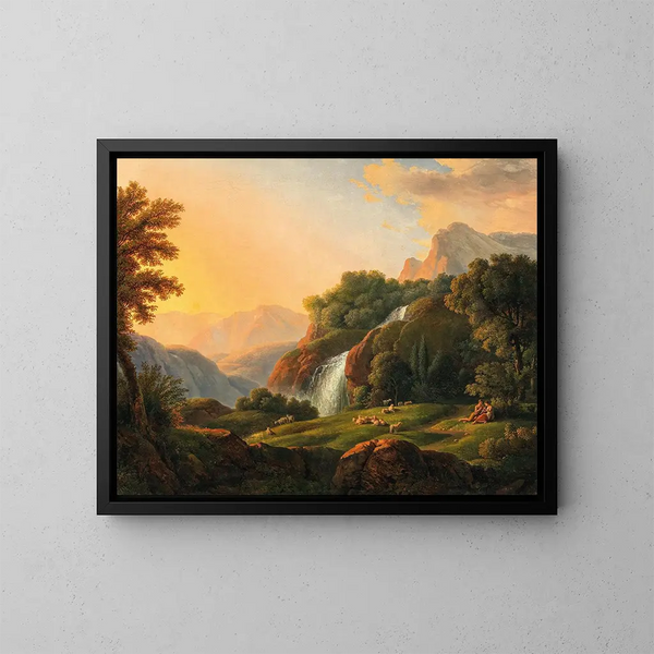 Landschaft mit Wasserfall und Hirten - Johann Nepomuk Schadlberger — gerahmtes Bild an der Wand