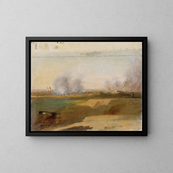 Studie einer Landschaft mit brennenden Bäumen im Hintergrund - Johann Peter Krafft — gerahmtes Bild an der Wand