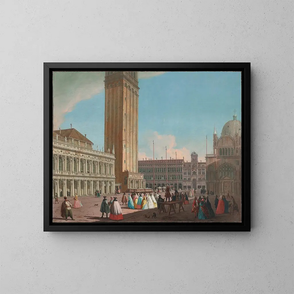 Venedig, die Piazzetta nach Nordwesten mit dem Campanile, der Bibliothek, den Procuratie Vecchie und dem Torre dell'Orologio - Johann Richter — gerahmtes Bild an der Wand