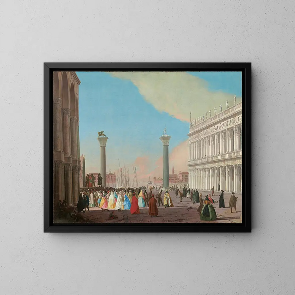 Venedig, die Piazzetta südlich der Basilika San Marco mit der Bibliothek und einer versammelten Menschenmenge, die eine Aufführung der Commedia dell'arte beobachtet - Johann Richter — gerahmtes Bild an der Wand