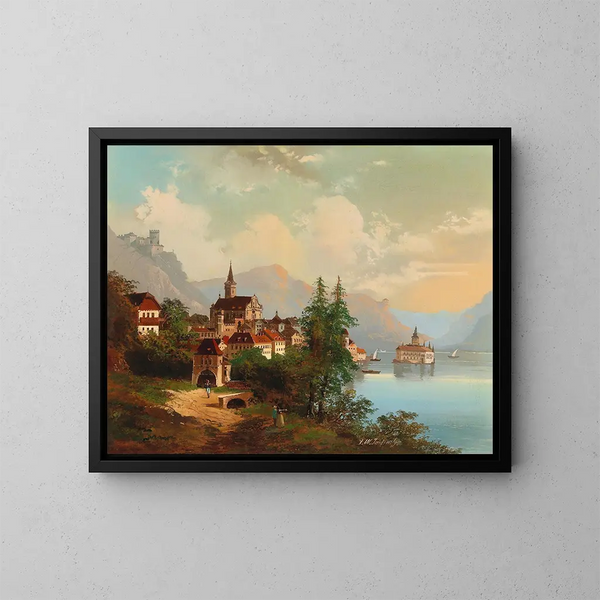 Ansicht einer Stadt und eines Wasserturms - Johann Wilhelm Jankowski — gerahmtes Bild an der Wand