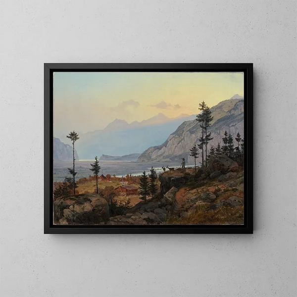 Paesaggio alpino svizzero con fiume e lago - Johann Wilhelm Schirmer — quadro incorniciato alla parete
