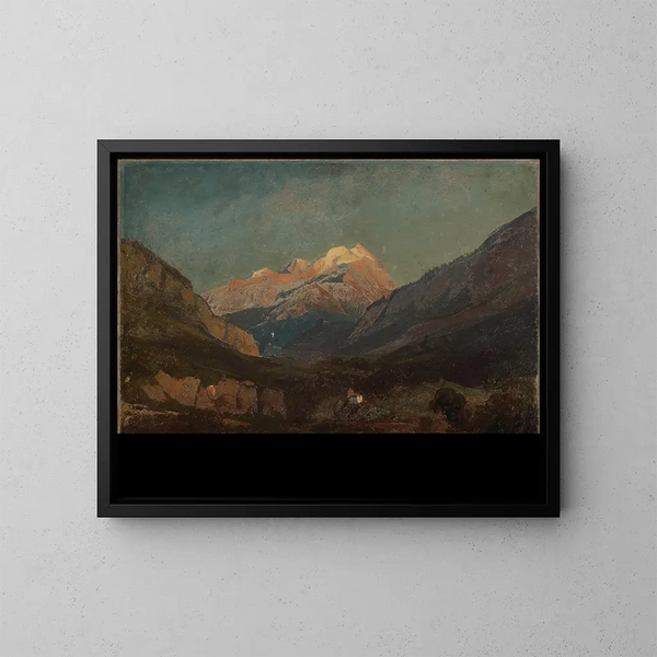 Paesaggio di montagna svizzero con cappella e vetta innevata lontana - Johann Wilhelm Schirmer — quadro incorniciato alla parete