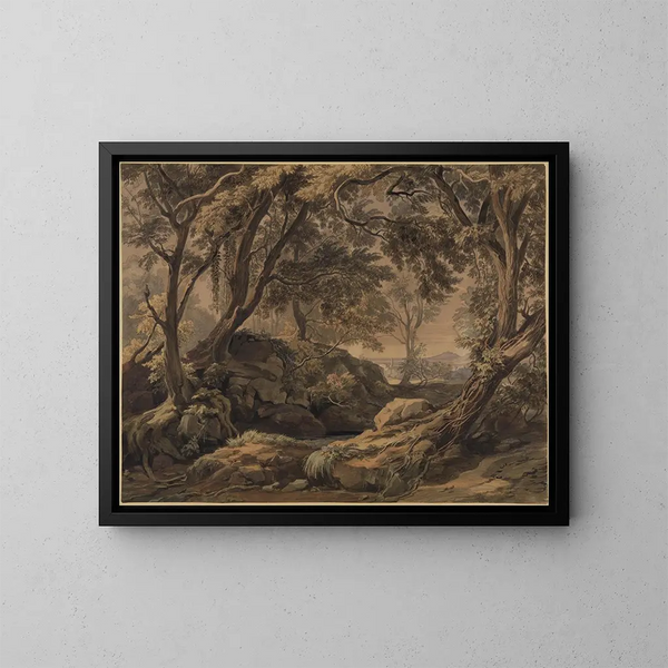 Paesaggio boscoso con vista su Olevano e il Monte Cavo - Johann Wilhelm Schirmer — quadro incorniciato alla parete