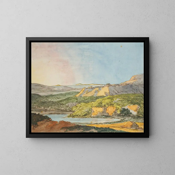 Paesaggio del sud con mare, colline boscose e un corso d'acqua in primo piano - Johann Wolfgang von Goethe — quadro incorniciato alla parete