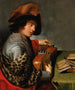 Ein Mann mit einem Federhut und einem Pelzstola, der ein Lauteninstrument vor einem Tisch mit Büchern hält - Johannes Baeck — Ansicht des Kunstwerks