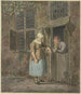 a painting of a man smoking in front of an entrance door, talking to a woman carrying a basket - Johannes Christiaan Janson — artwork view