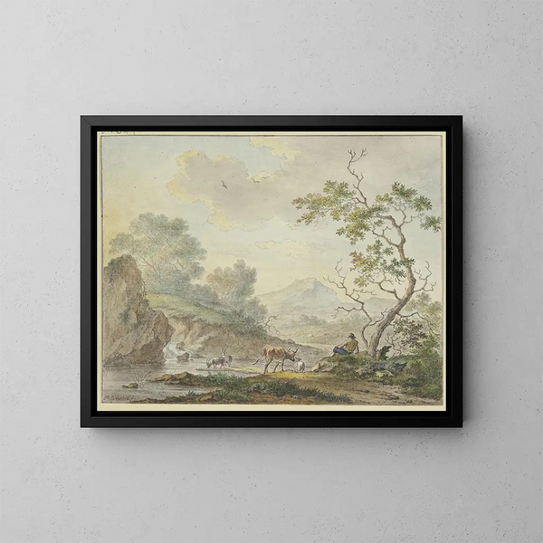 eines Gemäldes Ein Hirte mit einer Kuh und Ziegen in der Nähe eines Wasserfalls - Johannes Christiaan Janson — gerahmtes Bild an der Wand