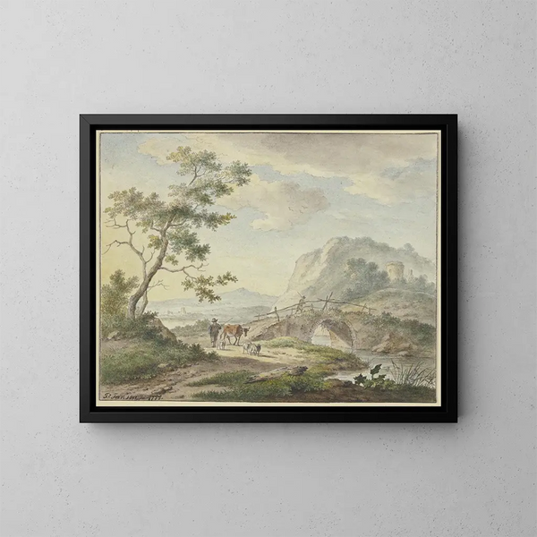 Ein Mann überquert eine Steinstraße, ein Bauer mit einer Kuh und Schafen auf dem Weg. - Johannes Christiaan Janson — gerahmtes Bild an der Wand