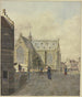 Église près d'un pont, un mendiant boiteux près d'une dame - Johannes Huibert Prins — artwork view