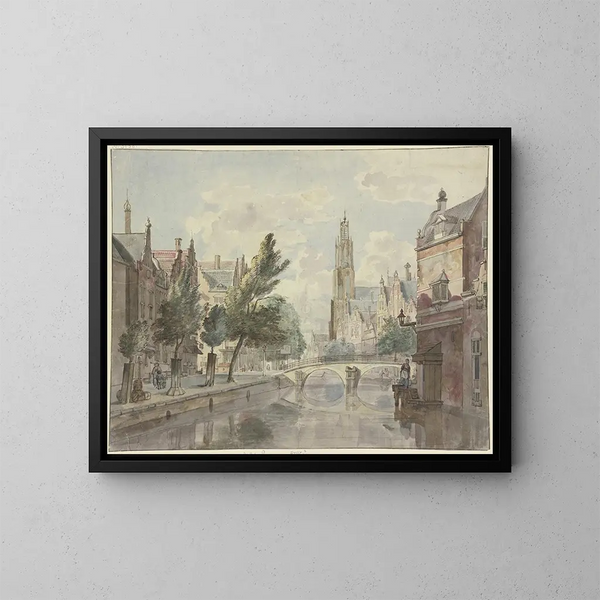 Holzbrücken-Gemälde über einem Kanal mit einer Kathedrale im Hintergrund und einer Laterne rechts vom Haus - Johannes Huibert Prins — gerahmtes Bild an der Wand