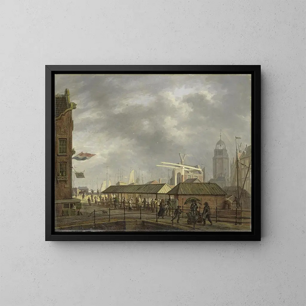 Der kleine Fischmarkt an der Ecke der Brouwersgracht und des Singel in Amsterdam - Johannes Jelgerhuis — gerahmtes Bild an der Wand