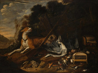Johannes Kuveenis the Elder - Hunting scene with a hound a dead heron feathered game a birdcage and a rifle.webp