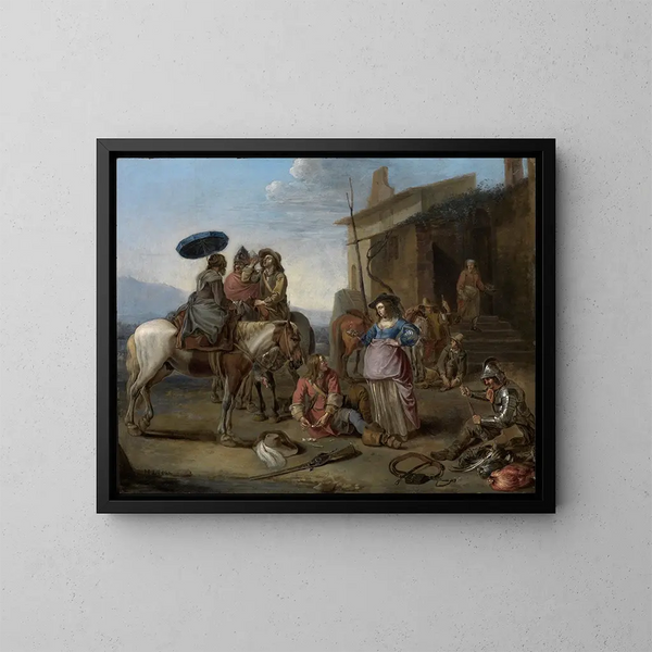 der Reisenden, die vor einer Osteria anhalten - Johannes Lingelbach — gerahmtes Bild an der Wand