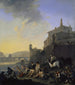 Rivière con bagno di zingari vicino a una città italiana - Johannes Lingelbach — vista dell’opera