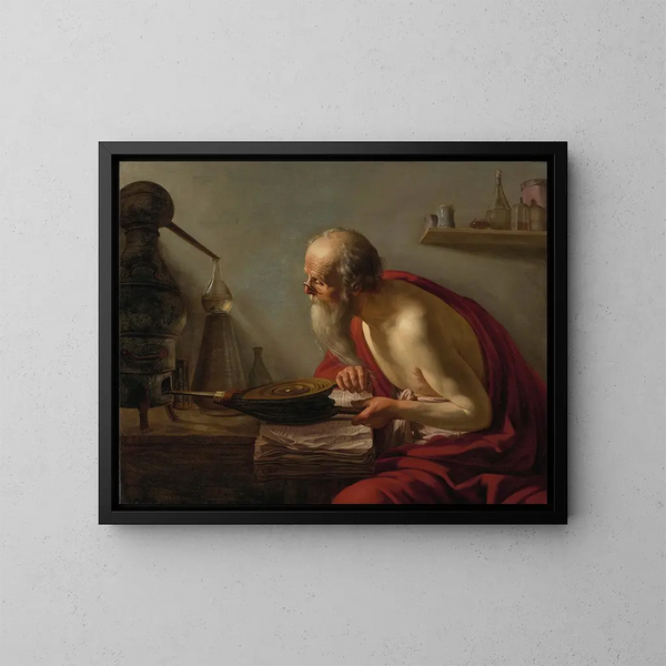 Ein alter Alchemist in seinem Studierzimmer - Johannes Paulus Moreelse — gerahmtes Bild an der Wand
