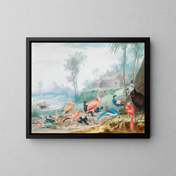 Ein Gruppe exotischer Vögel in einer Landschaft unter Palmen, einem Gebäude und Bergen im Hintergrund - Johannes van Bronckhorst — gerahmtes Bild an der Wand