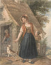Young woman with a dog in front of a cottage door - John Augustus Atkinson — artwork view