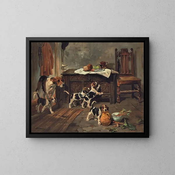 Hunde und Welpen in einem Interieur - John Emms — gerahmtes Bild an der Wand