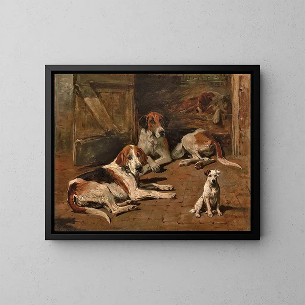 Des Hunde und eines Terrier in einer Scheune - John Emms — gerahmtes Bild an der Wand