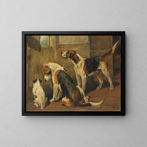 "En attendant la chasse, un terrier et deux chiens de chasse" - John Emms — gerahmtes Bild an der Wand
