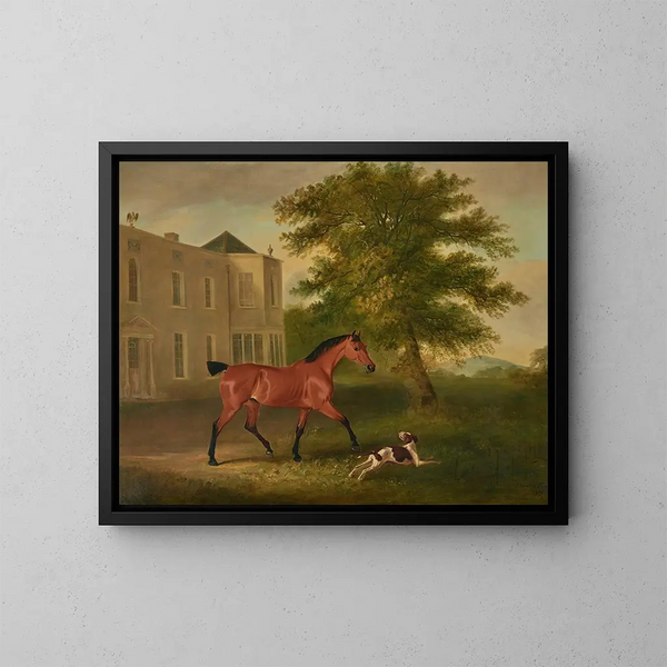 Un cavallo alezán e un cane davanti a Humewood Manor vicino a Wicklow - John Ferneley — quadro incorniciato alla parete