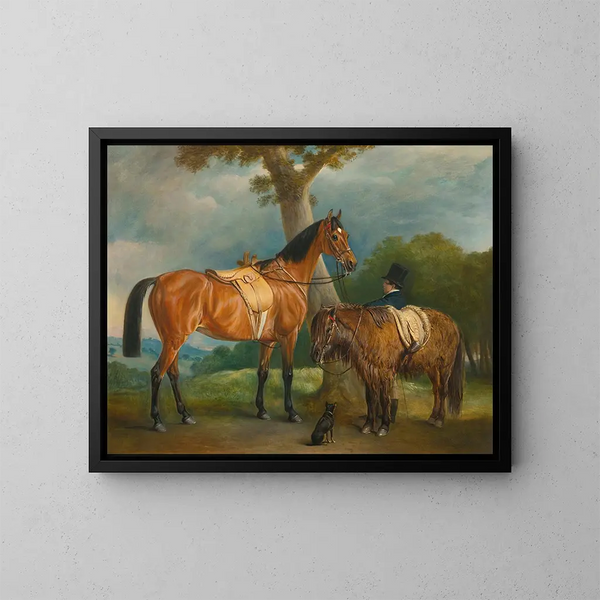 Dame Thorold, il suo cacciatore e un pony delle Shetland con un maniscalco - John Ferneley — quadro incorniciato alla parete