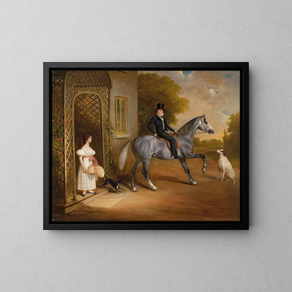 Maestro John Marriott su un cavallo grigio con sua sorella Annis e i loro cani davanti agli Elms a Cropwell Butler - John Ferneley — quadro incorniciato alla parete