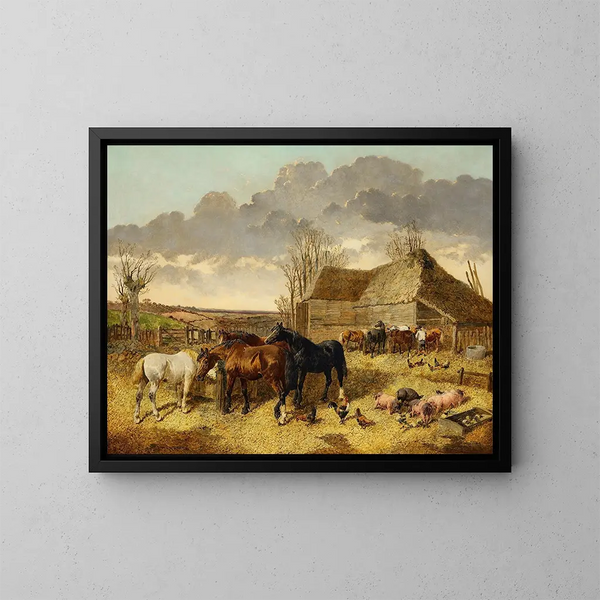 Dei cavalli che mangiano in una mangiatoia con dei maiali e delle galline in un cortile di fattoria - John Frederick Herring Jr. — quadro incorniciato alla parete