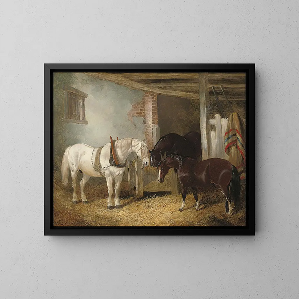 Tre cavalli in una stalla che si nutrono di un mangiatoia - John Frederick Herring Jr. — quadro incorniciato alla parete