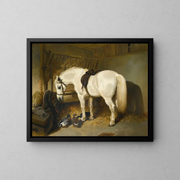Un pony grigio in una scuderia con anatre - John Frederick Herring l'Ancien — quadro incorniciato alla parete