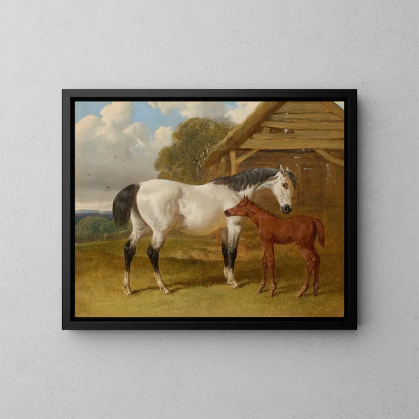 Una cavalla e il suo puledro vicino a un riparo di campagna - John Frederick Herring l'Ancien — quadro incorniciato alla parete