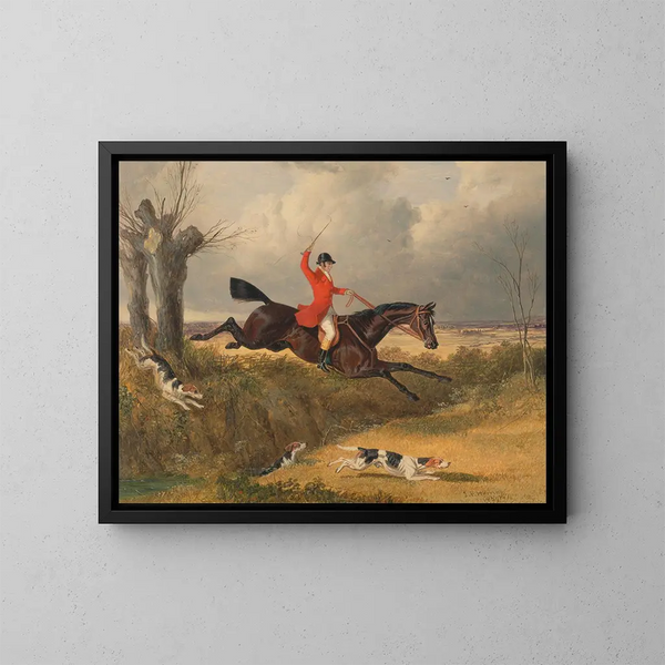 Caccia alla battuta che attraversa un fossato - John Frederick Herring l'Ancien — quadro incorniciato alla parete