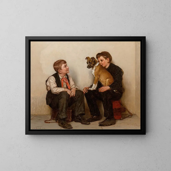 Due ragazzi lucidatori di scarpe con un cane - John George Brown — quadro incorniciato alla parete