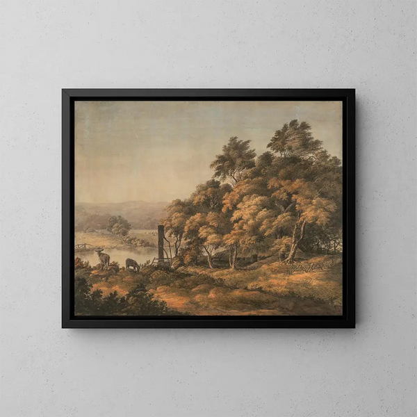 Ein weites Flusslandschaft mit Eseln - John Glover — gerahmtes Bild an der Wand